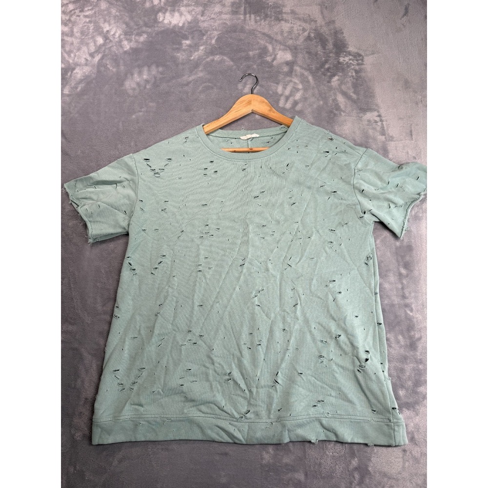 Easel Mens Small Mint Green French Terry Distressed Raw Cut Short Sleeve Shirt